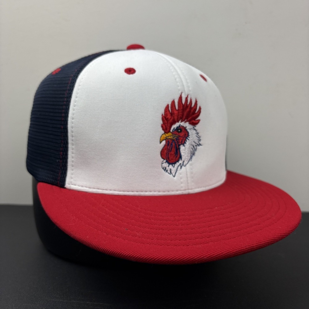 Rooster Head Embroidered Fitted Mesh Hat Cap White Navy Red Flat Brim S/M Farm